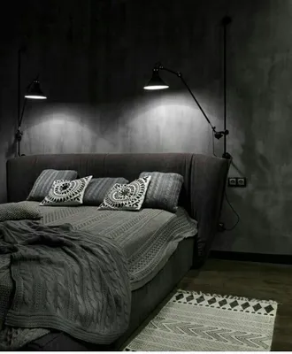 Black bedroom with soft bed. Loft interior design | Черная спальня,  Интерьеры спальни, Лофт дизайн интерьера