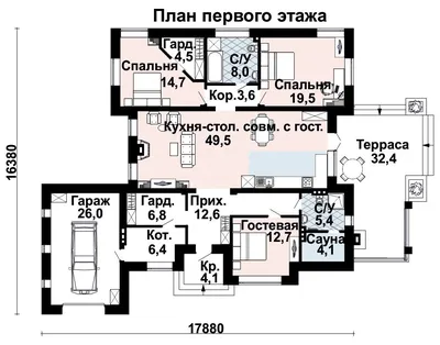 Одноэтажный дом с гаражом и баней №155 с террасой, с двумя спальнями -