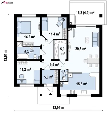 Проект дома 90 м² с тремя спальнями Rg5417 | Создайте дом своей мечты с  RuPlans. Наши идеальные проекты домов учитывают ваши пожелания.Ваша мечта  начинается с RuPlans | Дзен