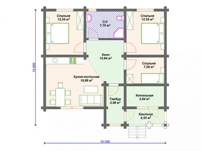 КРАСНОДАР 103 м2 - проект одноэтажного дома 12х12 с тремя спальнями и  сауной, для строительства у дальней границы участка.