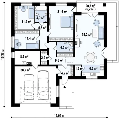 Проект одноэтажного дома с гаражом и террасой 04-82 🏠 | СтройДизайн