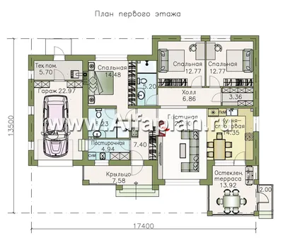 Проект одноэтажного дома с террасой и гаражом | Казань | Архитектурное бюро  «Домой»