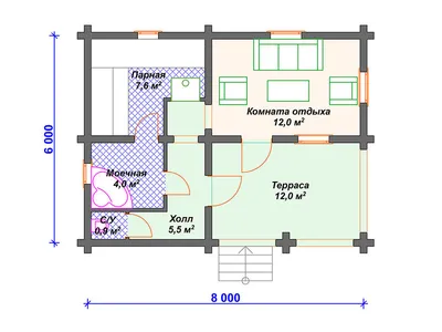 Баня 4х5 с террасой | Проект бани 4х5 с террасой